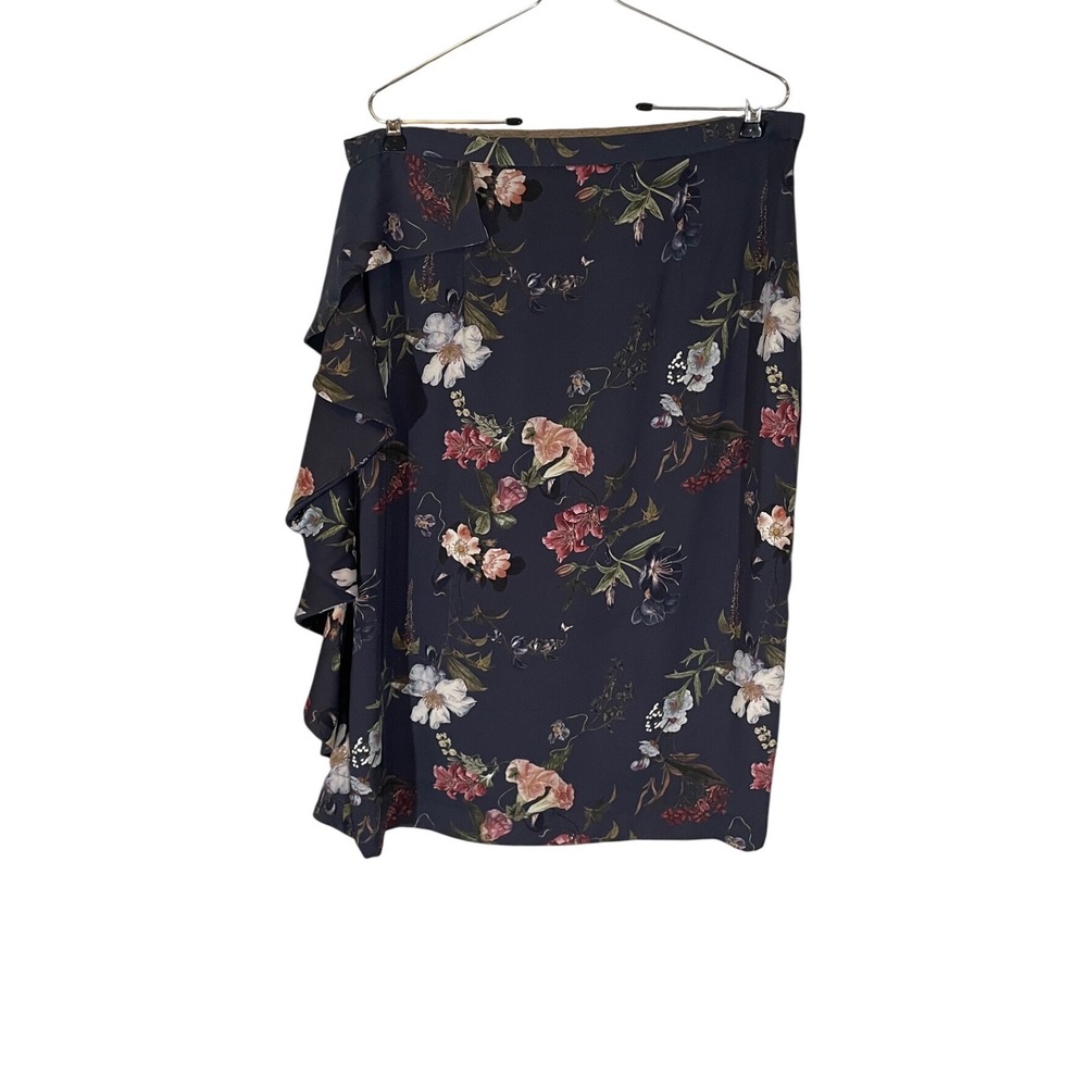 Antonio Melani Floral Ruffle Midi Skirt Navy Blue Botanical Print Womens Size 14
